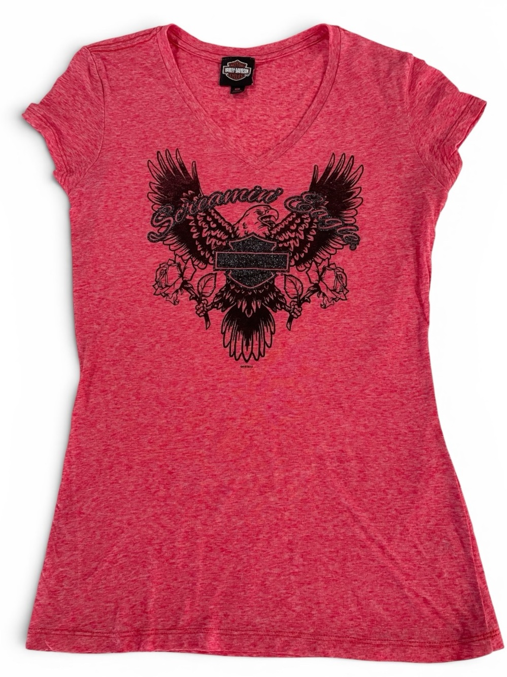 Harley-Davidson Women's Pink V-Neck Screaming Eagle Graphic Tee Size L